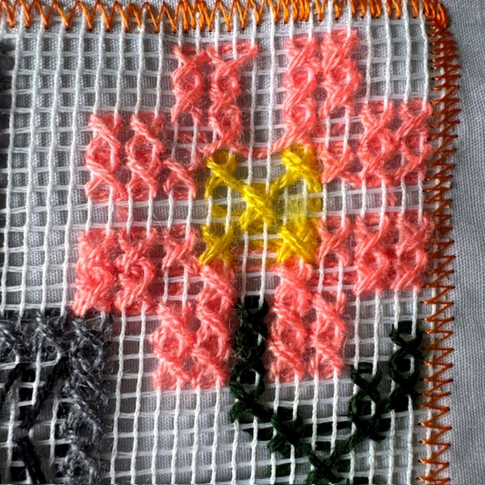 VTG Handmade Multicolor Cross-Stitch 18X18 Linen Mayan Ruins Primitive Decor Art - Picture 3 of 12